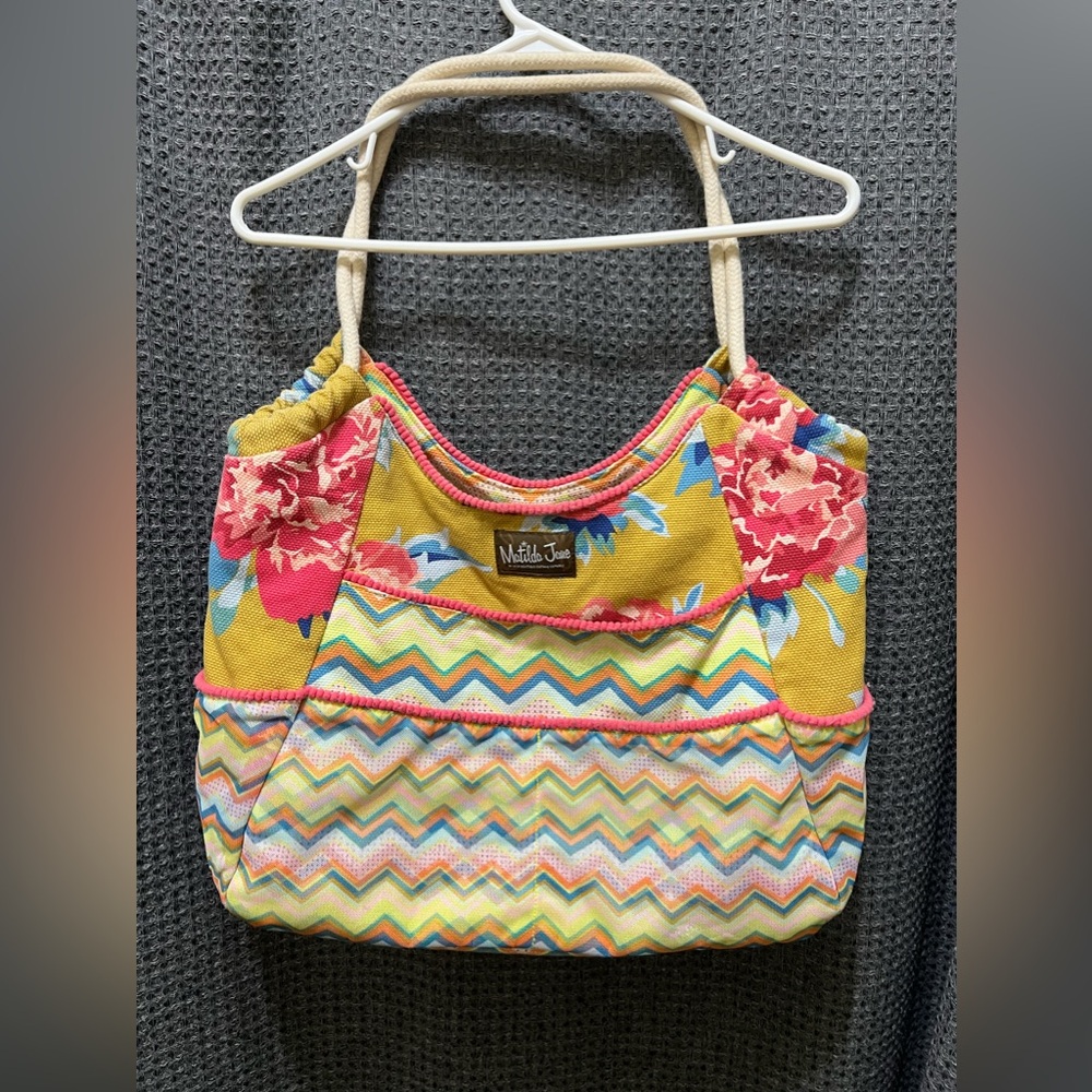 Matilda Jane MJC Yellow Pink Floral Chevron Gather It Up Beach HOBO Tote Bag